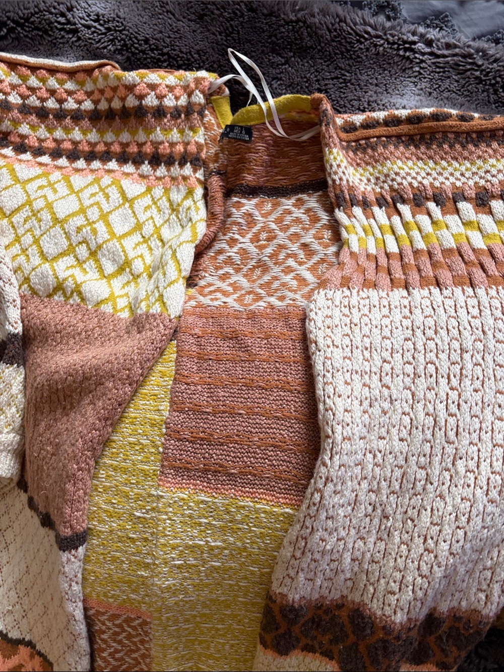 Black Tape_ Multicolor Patchwork Knit Cardigan in Cream, Brown & Yellow - Picture 5 of 11